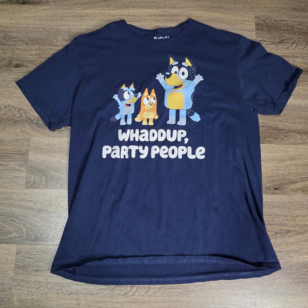 Bluey Mens XL T-Shirt Navy Blue Whaddup Party People Graphic Bandit Bingo Tee